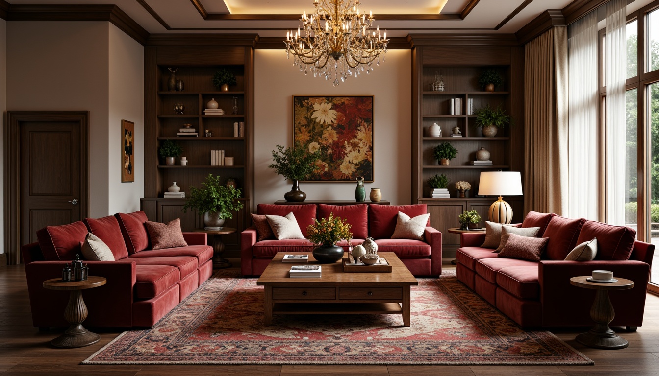 Prompt: Luxurious living room, rich velvet sofas, ornate wooden coffee tables, plush area rugs, statement chandeliers, floor-to-ceiling drapes, elegant vases, fresh floral arrangements, warm ambient lighting, 3/4 composition, shallow depth of field, realistic textures, soft focus background.