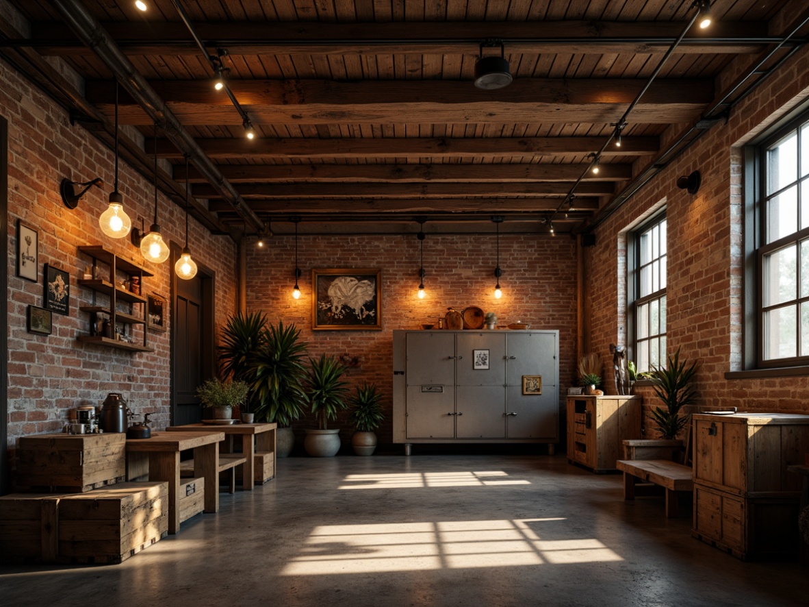 Prompt: Vintage industrial lighting fixtures, eclectic garage interior, distressed wooden beams, exposed brick walls, metallic accents, Edison bulbs, pendant lamps, reclaimed wood crates, rustic metal signs, urban loft atmosphere, warm ambient glow, softbox lighting, high-contrast shadows, dramatic spotlighting, 1/2 composition, gritty textures, realistic reflections.