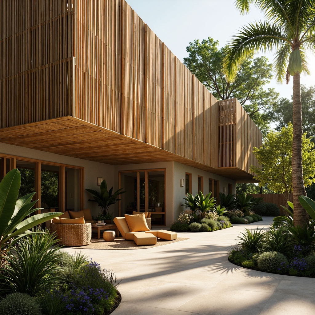 Prompt: \Sustainable eco-friendly building, bamboo accented fa\u00e7ade, natural textures, earthy tones, organic curves, lush greenery, tropical plants, warm sunny day, soft diffused lighting, shallow depth of field, 1/2 composition, intimate interior spaces, woven bamboo furniture, rattan decor, minimalist aesthetic, earthy color palette, subtle Asian-inspired motifs, tranquil ambiance, natural ventilation systems, energy-efficient solutions.\