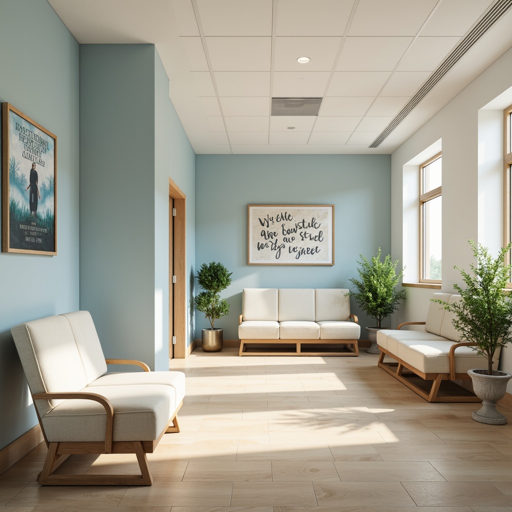 Prompt: Calming rehabilitation center, soothing color scheme, pale blue walls, creamy white furniture, natural wood accents, warm beige floors, gentle greenery, soft warm lighting, comforting textures, serene atmosphere, peaceful ambiance, calming artwork, subtle patterns, minimalist design, adaptive equipment, accessible pathways, inviting waiting areas, cozy consultation rooms, uplifting inspirational quotes.