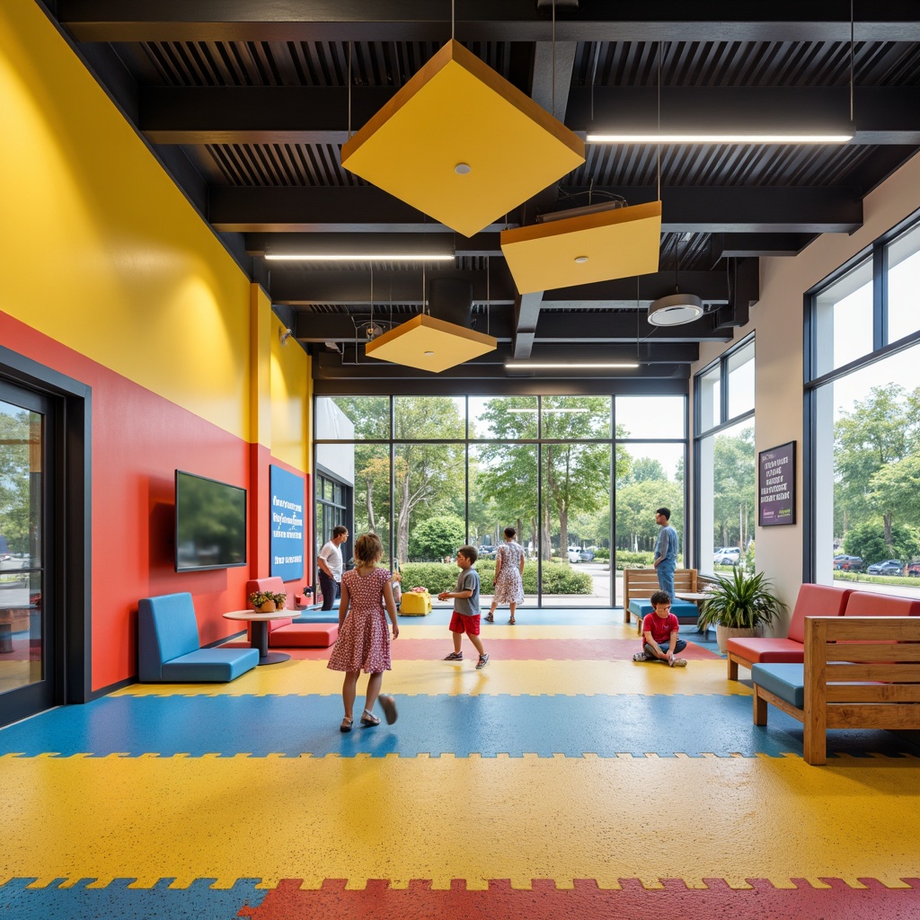 Prompt: Vibrant youth center, energetic atmosphere, playful kids, soft cushioned flooring, shock-absorbing materials, colorful rubber tiles, durable epoxy coatings, easy-to-clean surfaces, non-slip textures, acoustic insulation, sound-dampening underlayment, bright natural lighting, modern minimalist design, functional layout, flexible seating areas, collaborative learning spaces, inspirational quotes, motivational wall art, stimulating color schemes, youthful energy, dynamic architectural elements, open communal spaces.