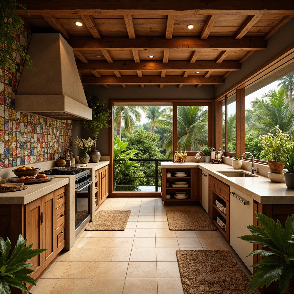 Prompt: Tropical kitchen space, warm beige tile flooring, natural stone textures, woven rattan mats, exotic hardwood species, distressed wood planks, vibrant colorful ceramics, glossy porcelain finishes, subtle mosaic patterns, ambient warm lighting, 3/4 composition, shallow depth of field, realistic reflections.