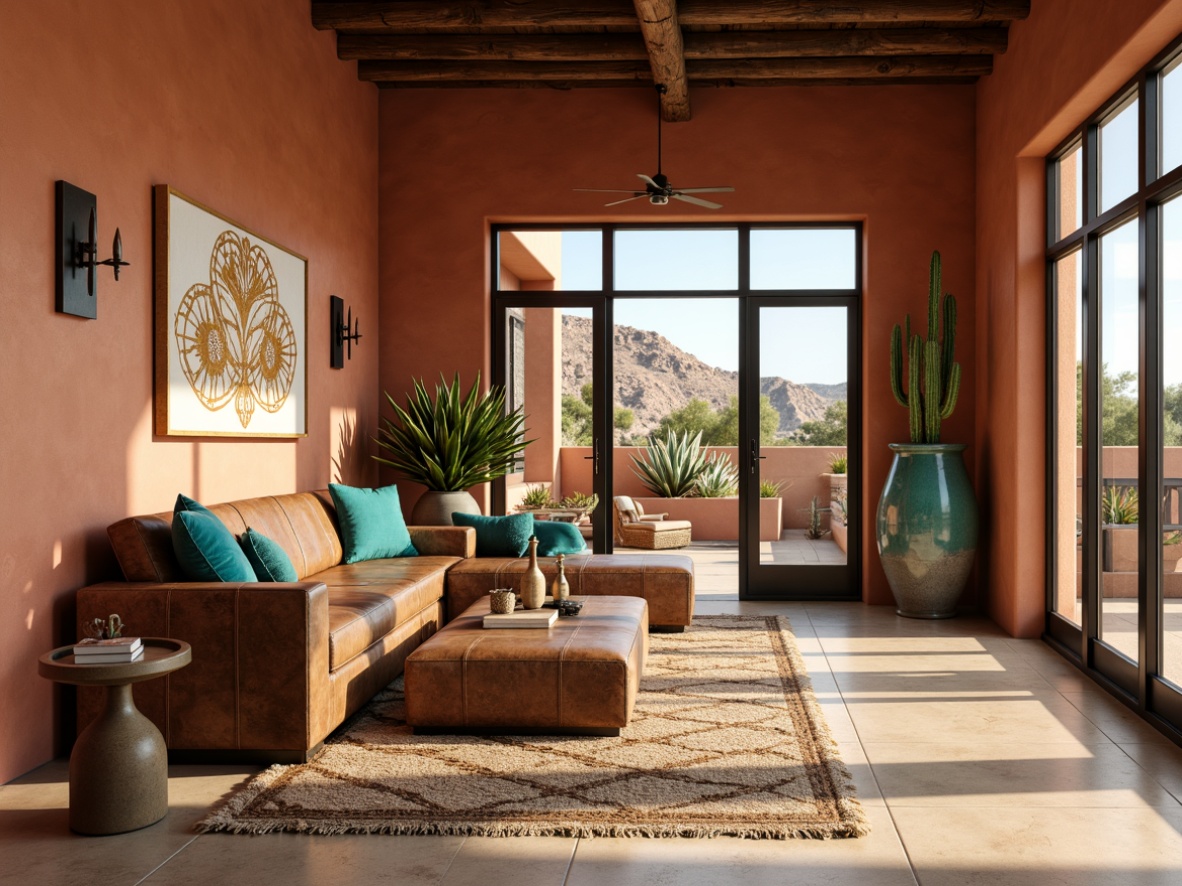 Prompt: Earthy Southwestern interior, warm terracotta walls, rustic wooden accents, vibrant turquoise decorative accessories, woven natural fiber textiles, geometric patterned rugs, sandy beige floors, distressed leather furniture, antique bronze hardware, cactus-inspired planters, desert landscape views, soft warm lighting, shallow depth of field, 3/4 composition, realistic textures, ambient occlusion.