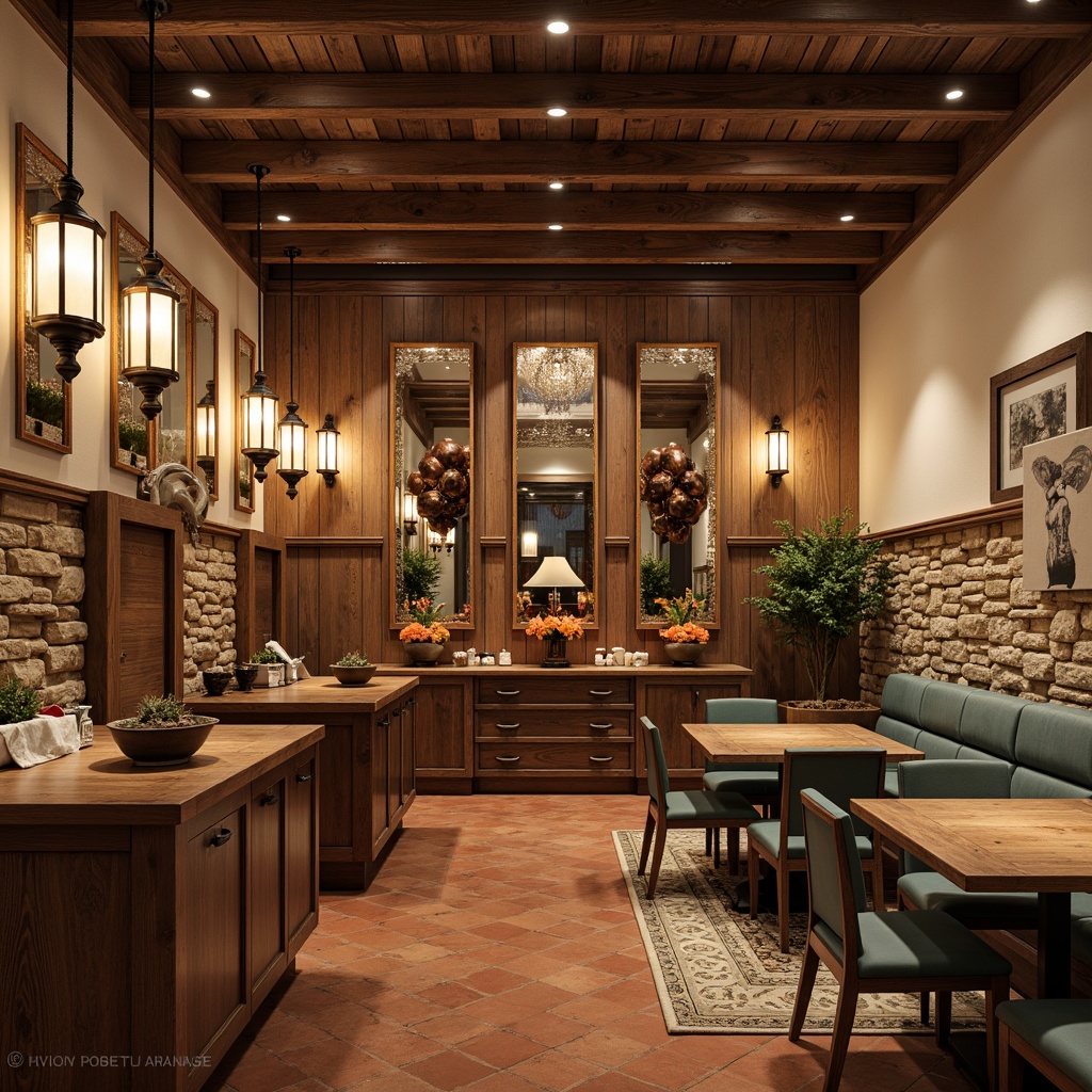 Prompt: Rustic wooden accent wall, reclaimed wood planks, distressed finishes, warm beige tones, rich walnut cabinetry, ornate mirrors, vintage athletic equipment displays, traditional lantern-style lighting, earthy terracotta flooring, natural stone feature walls, comfortable plush carpeting, soft warm lighting, 1/2 composition, shallow depth of field, realistic textures, ambient occlusion.