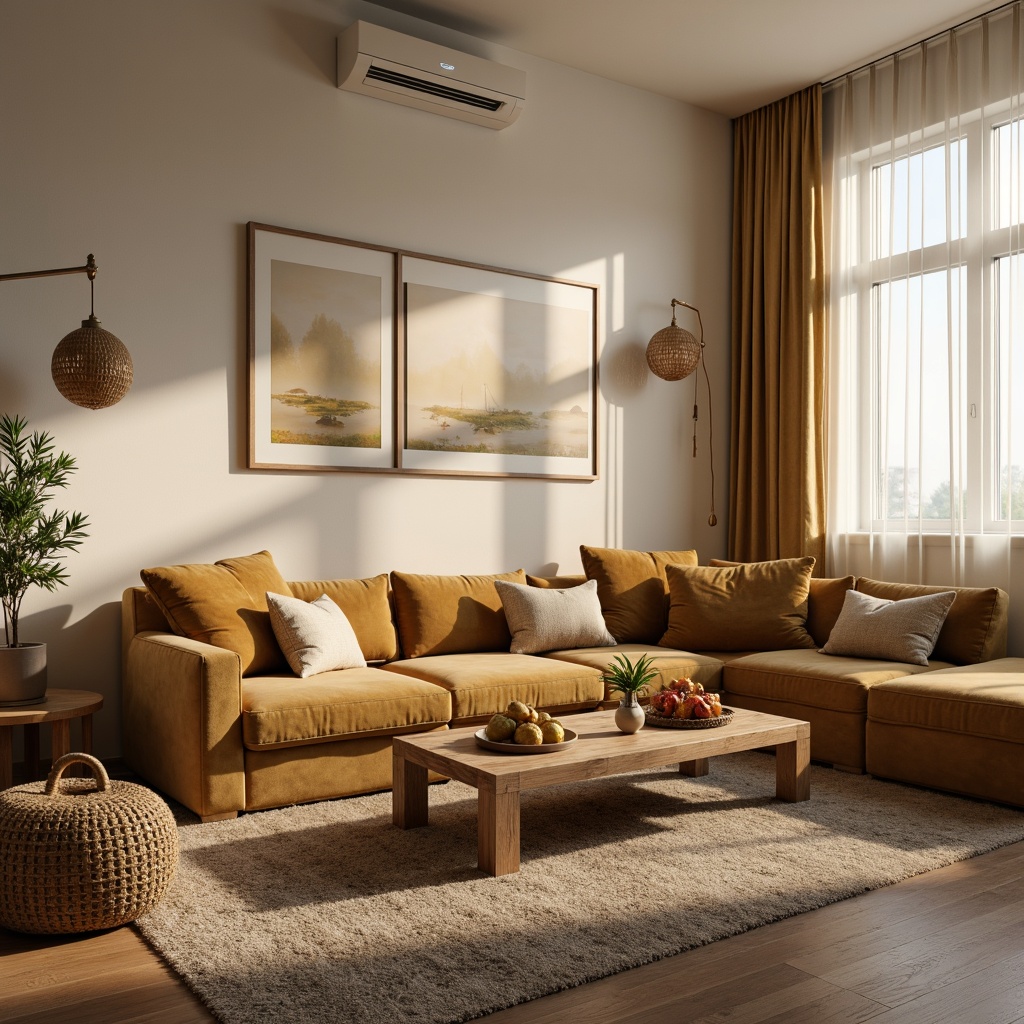 Prompt: Cozy living room, plush throw pillows, soft velvet sofa, warm beige carpet, rustic wooden coffee table, modern minimalist decor, natural light pouring in, sheer curtains, subtle patterned rugs, comfortable sectional seating, relaxing ambiance, warm golden lighting, shallow depth of field, 3/4 composition, realistic textures, ambient occlusion.