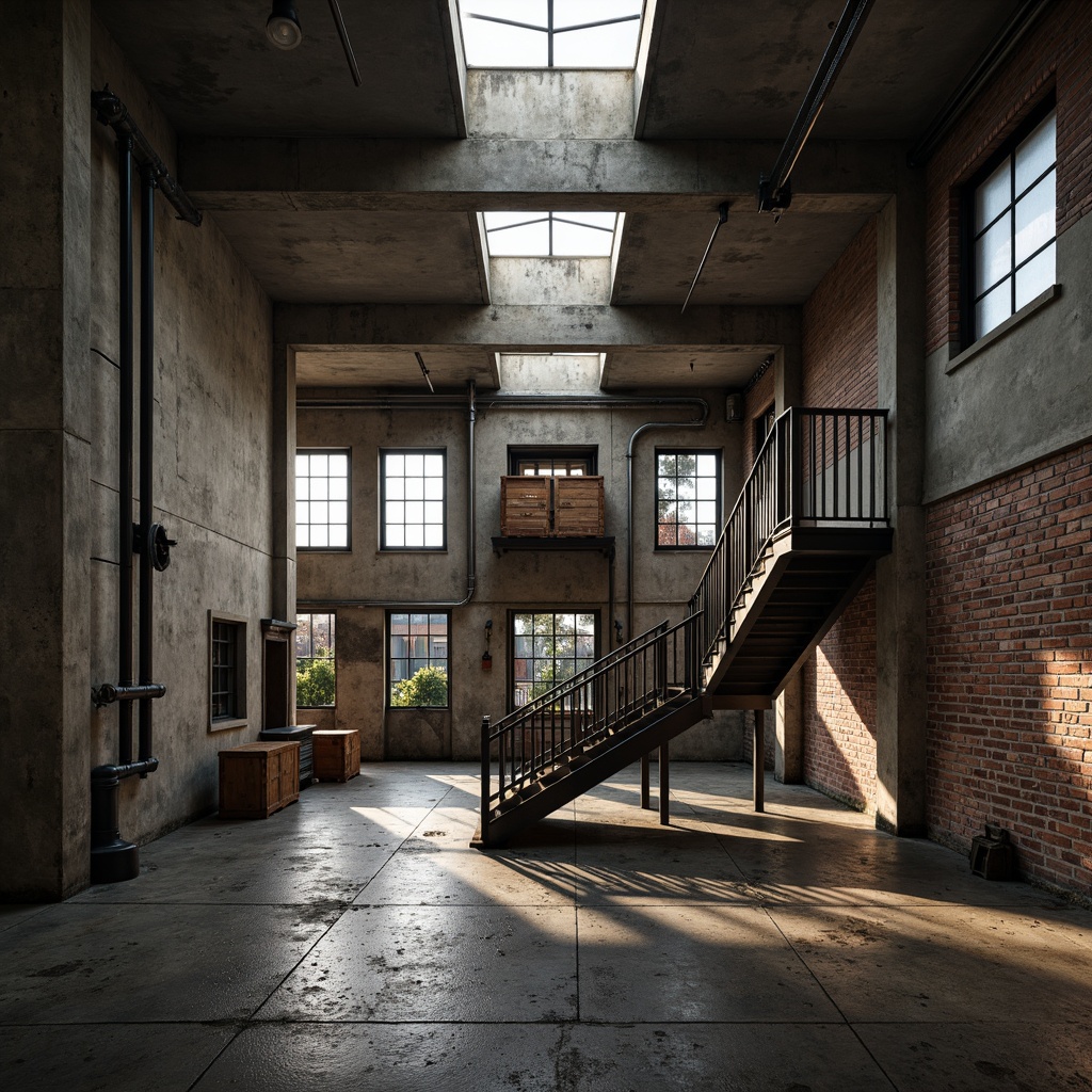 Prompt: Rugged warehouse interior, exposed concrete beams, raw steel columns, industrial pipes, metal staircases, wooden cargo crates, distressed brick walls, high ceilings, natural light pouring through skylights, urban cityscape views, gritty urban atmosphere, dramatic shadows, low-key lighting, 1/1 composition, realistic textures, ambient occlusion.