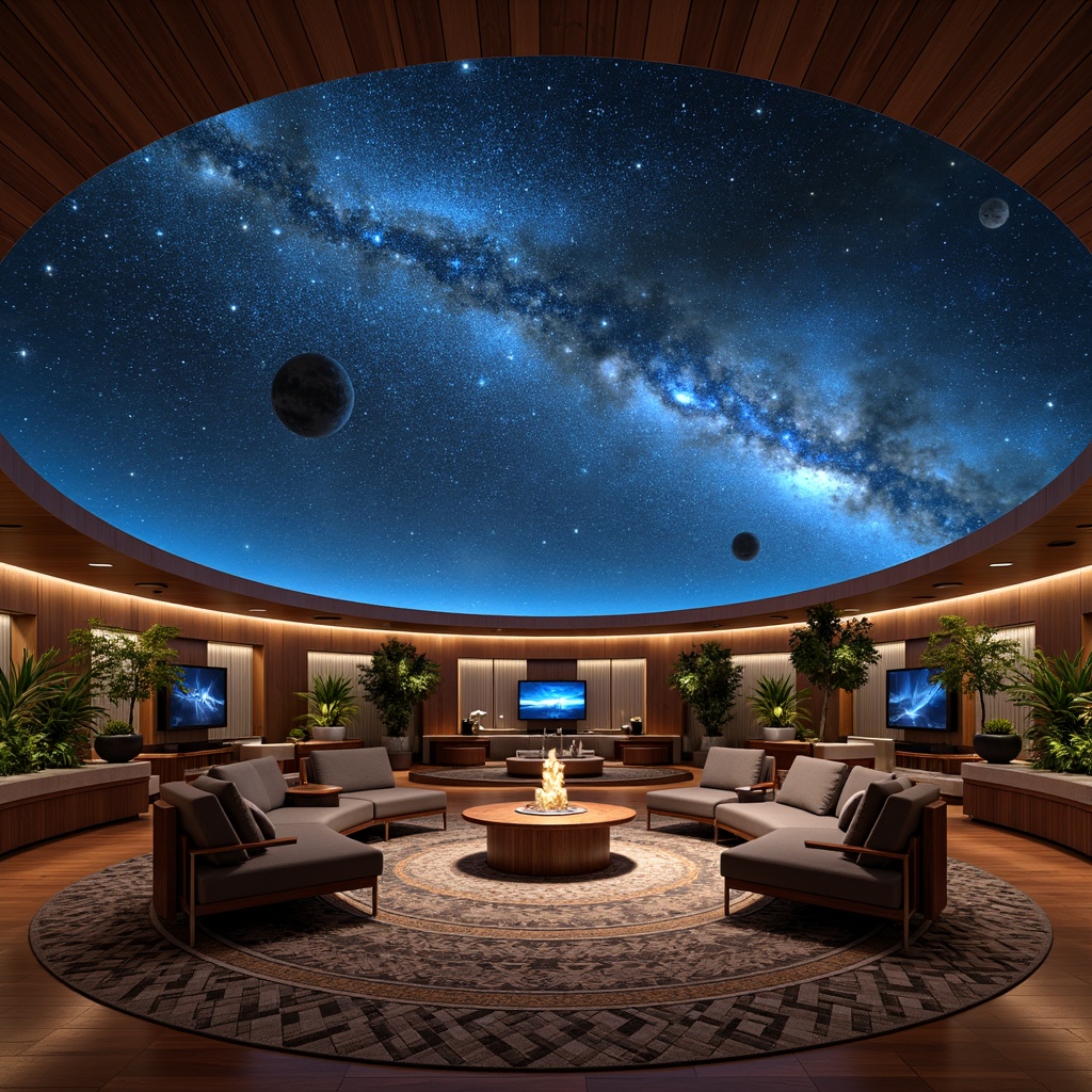 Prompt: Cosmic planetarium interior, mid-century modern style furniture, sleek low-profile sofas, velvety upholstery, wooden coffee tables, geometric patterned rugs, starry night sky projections, ambient soft lighting, circular seating areas, futuristic astronomy-inspired decor, minimalist metal legs, rich walnut wood accents, retro-futuristic color palette, 3D celestial body models, interactive display screens, constellation-patterned wallpaper, subtle texture overlays, shallow depth of field, 1/1 composition, realistic reflections.