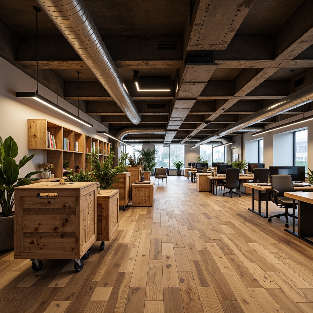 Prompt: Rustic wooden crates, reclaimed wood flooring, industrial metal beams, exposed ductwork, modern LED lighting, sleek computer workstations, minimalist office spaces, functional shelving units, earthy color palette, natural textures, warm ambient lighting, shallow depth of field, 3/4 composition, panoramic view, realistic renderings, ambient occlusion.