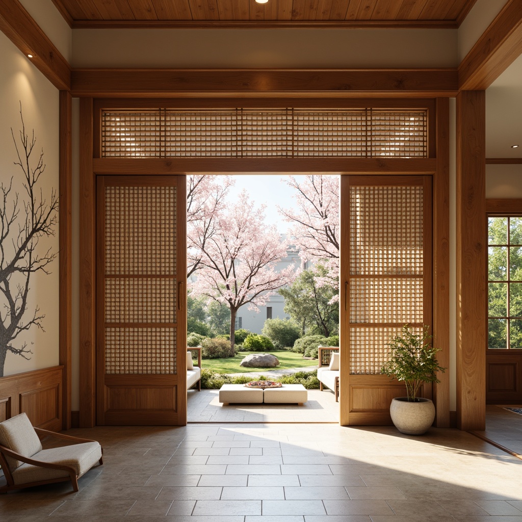 Prompt: Asian-style entryway, traditional Japanese sliding doors, natural wood accents, rice paper screens, woven bamboo textiles, intricately carved wooden panels, subtle LED lighting, minimalist decor, limestone flooring, soft warm beige tones, delicate cherry blossom patterns, hand-painted Asian-inspired murals, 1/2 composition, shallow depth of field, realistic textures, ambient occlusion.