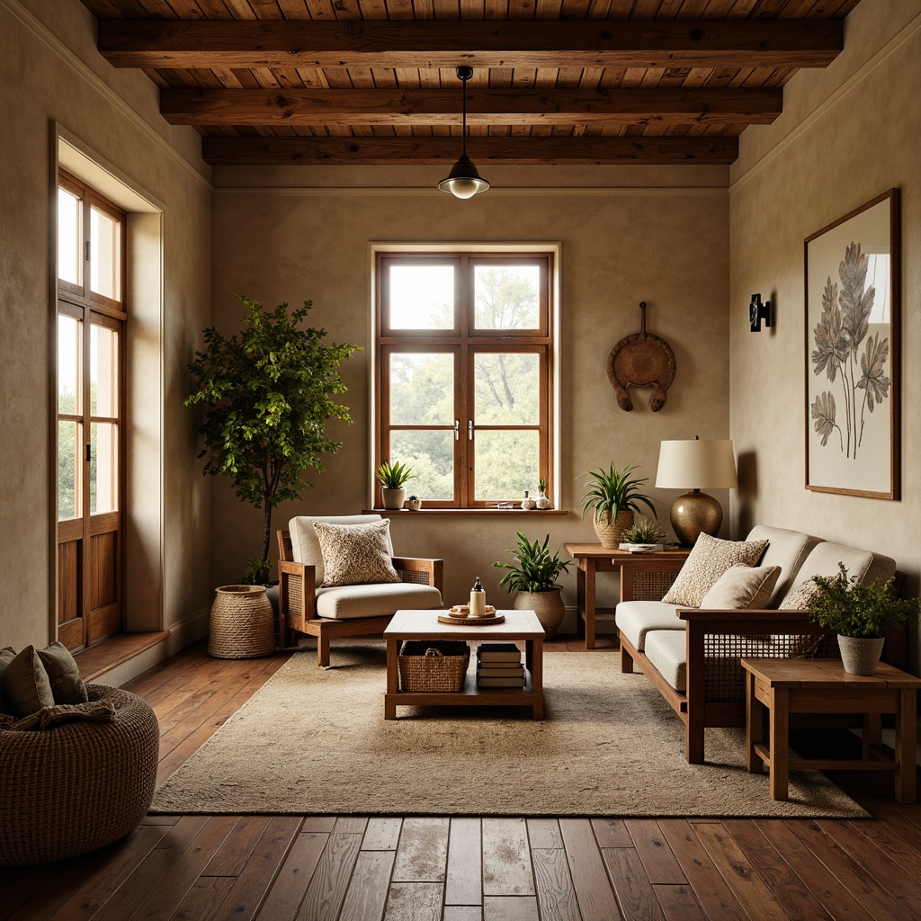 Prompt: Rustic wooden accents, earthy tones, natural textures, vintage craftsman details, warm beige walls, rich brown furniture, soft cream trim, distressed wood flooring, cozy throw blankets, woven baskets, natural fiber rugs, warm golden lighting, inviting atmosphere, 3/4 composition, shallow depth of field, realistic textures, ambient occlusion.