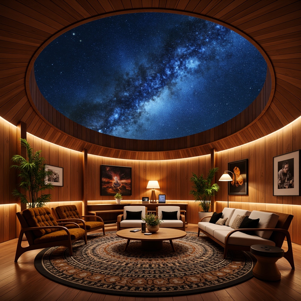 Prompt: Curved planetarium walls, starry night sky, ambient lighting, retro-futuristic furniture design, mid-century modern style, walnut wood tones, sleek low-profile chairs, tufted velvet sofas, geometric patterned rugs, brass accents, minimalist coffee tables, orb-shaped pendant lights, astronomical instruments, celestial maps, constellation patterns, soft warm glow, shallow depth of field, 3/4 composition, panoramic view, realistic textures, ambient occlusion.