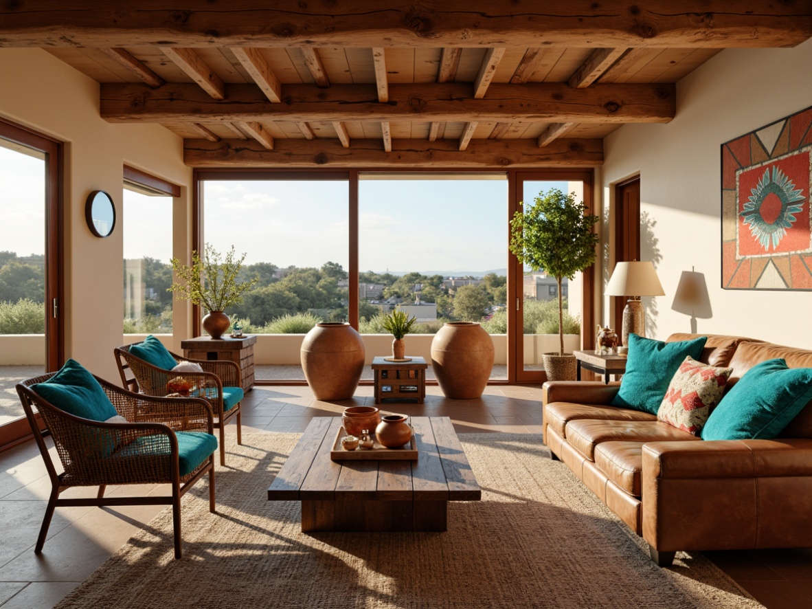 Prompt: Southwestern living room, rustic wooden furniture, earthy terracotta vases, woven wicker chairs, plush turquoise throw pillows, vibrant Native American patterned blankets, natural fiber rugs, reclaimed wood coffee tables, wrought iron lamp fixtures, distressed leather sofas, chunky clay pottery, desert landscape views, warm sandy beige walls, soft warm lighting, shallow depth of field, 1/1 composition, realistic textures, ambient occlusion.