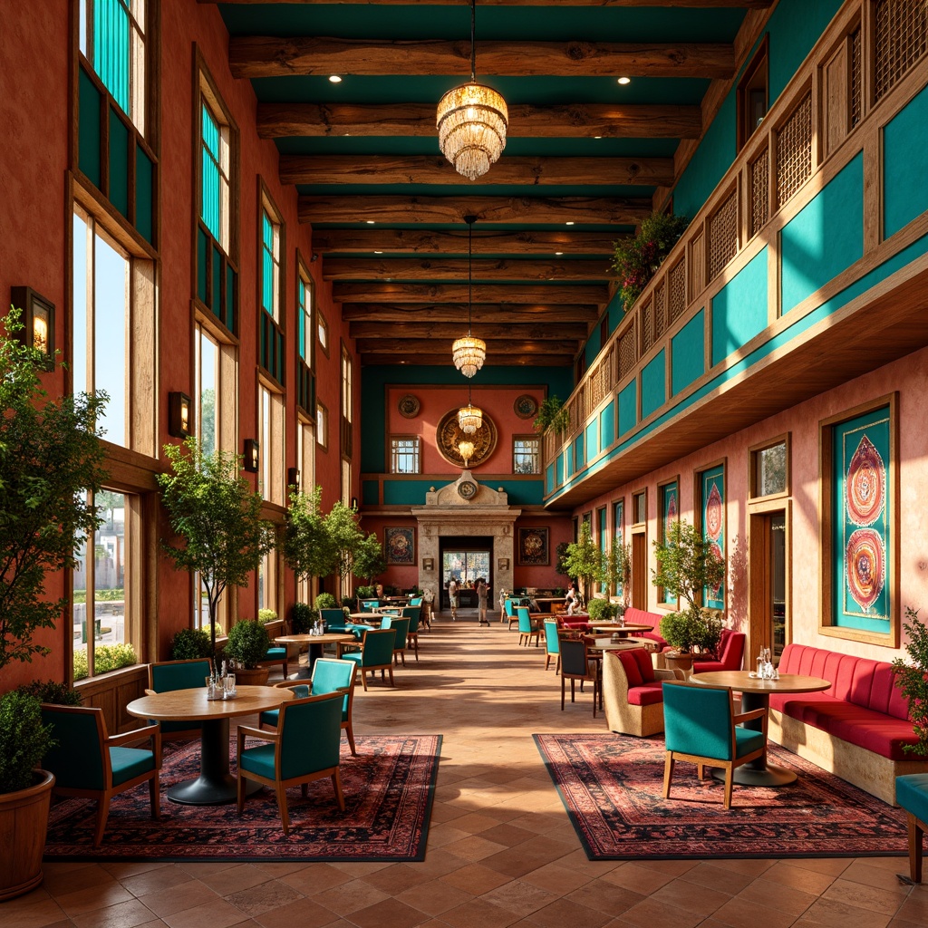 Prompt: Vibrant turquoise accents, rustic wooden beams, earthy terracotta floors, ornate metalwork, colorful Navajo-inspired patterns, luxurious velvet drapes, lavish crystal chandeliers, plush casino seating, majestic stone fireplaces, southwestern-themed artwork, warm golden lighting, shallow depth of field, 1/1 composition, realistic textures, ambient occlusion.