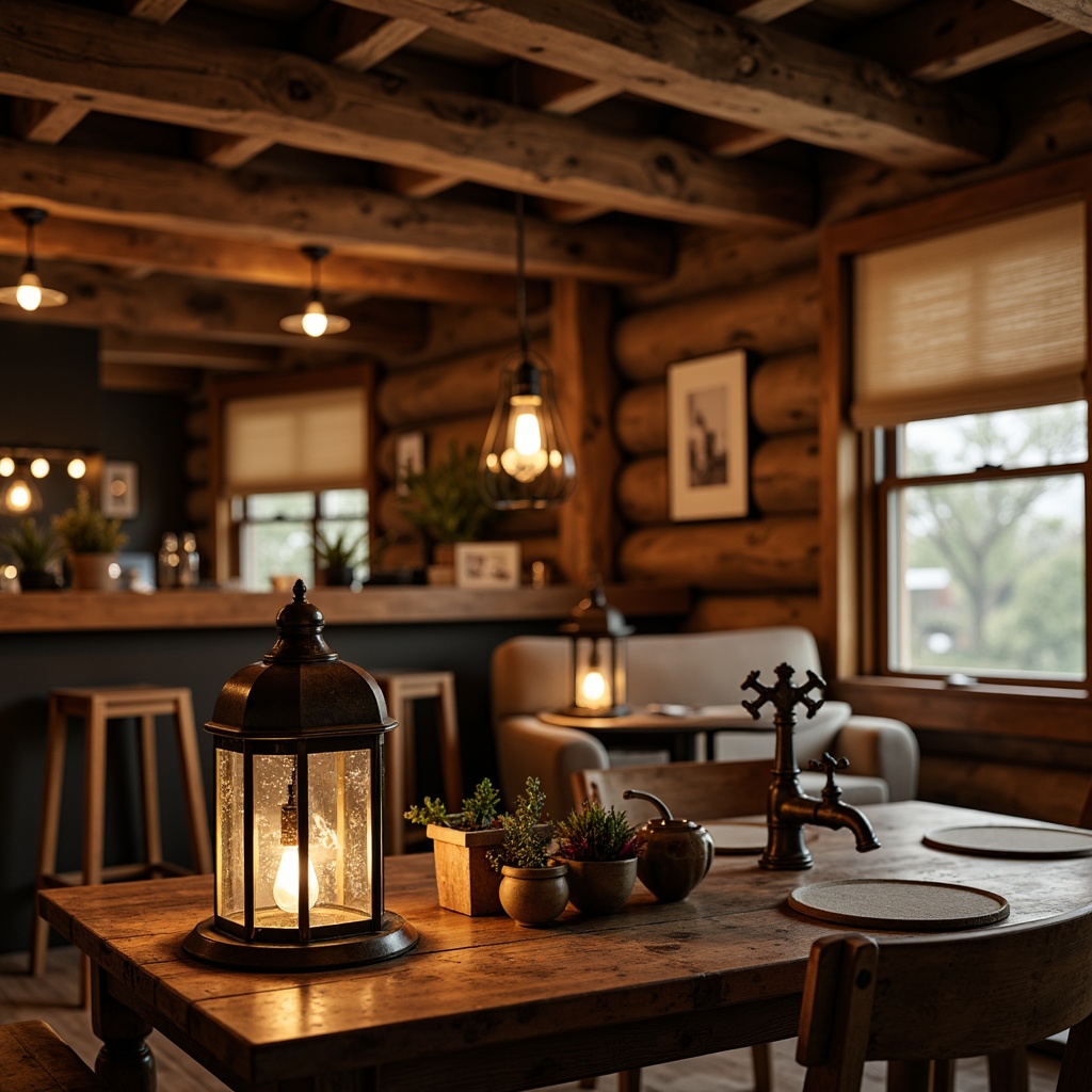 Prompt: Cozy cabin-style interior, warm wood tones, earthy color palette, vintage metal lanterns, rustic pendant lights, natural linen shades, bronze fixtures, distressed finishes, ornate metalwork, traditional craftsmanship, rich textures, soft warm lighting, ambient glow, layered lighting, 3/4 composition, shallow depth of field, realistic rendering.