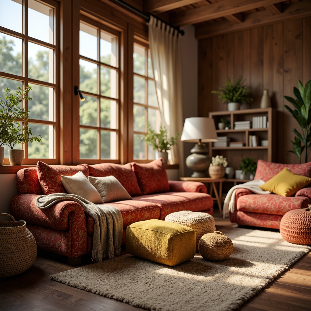 Prompt: Cozy living room, plush throw pillows, soft velvety sofas, warm beige carpets, natural fiber rugs, comfortable chunky blankets, vibrant colorful upholstery, geometric patterned fabrics, tactile woven baskets, ambient warm lighting, shallow depth of field, 1/1 composition, realistic textures, subtle shadowing.