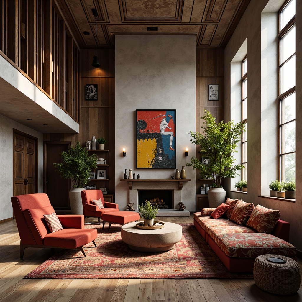 Prompt: Eclectic living room, bold color schemes, irregular shapes, mixed materials, distressed wood textures, metallic accents, abstract artwork, statement lighting fixtures, oversized furniture, curved lines, playful patterns, retro-inspired decor, vibrant upholstery fabrics, dynamic spatial arrangement, asymmetrical composition, dramatic shadows, high-contrast lighting, 1/1 composition, realistic renderings.