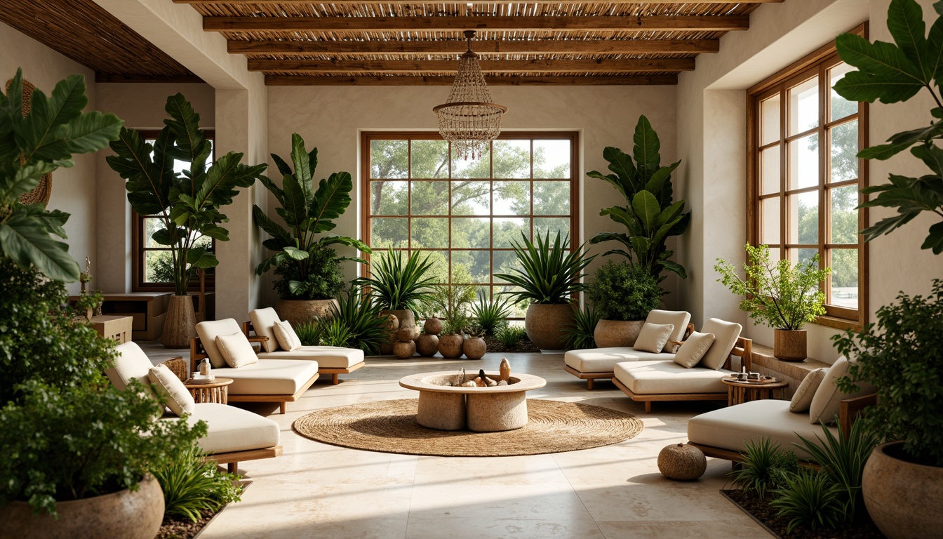 Prompt: Calming interior space, lush greenery, potted plants, natural materials, wooden accents, woven baskets, soft warm lighting, cozy textiles, earthy color palette, organic shapes, minimal ornamentation, serene ambiance, peaceful atmosphere, gentle breeze, subtle scents, essential oil diffusers, air-purifying plants, meditation areas, quiet reading nooks, comfortable seating, warm beige tones, natural stone flooring, reclaimed wood furniture, calming water features, soft background music.