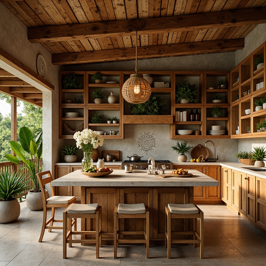 Prompt: Tropical kitchen, warm wooden tones, rattan cabinetry, woven bamboo accents, natural stone countertops, vibrant greenery, exotic flowers, reclaimed wood island, distressed finishes, earthy color palette, woven pendant lighting, linen fabrics, coastal vibe, open shelving, decorative carvings, ornate metal hardware, warm golden lighting, soft focus, 1/1 composition, realistic textures, ambient occlusion.