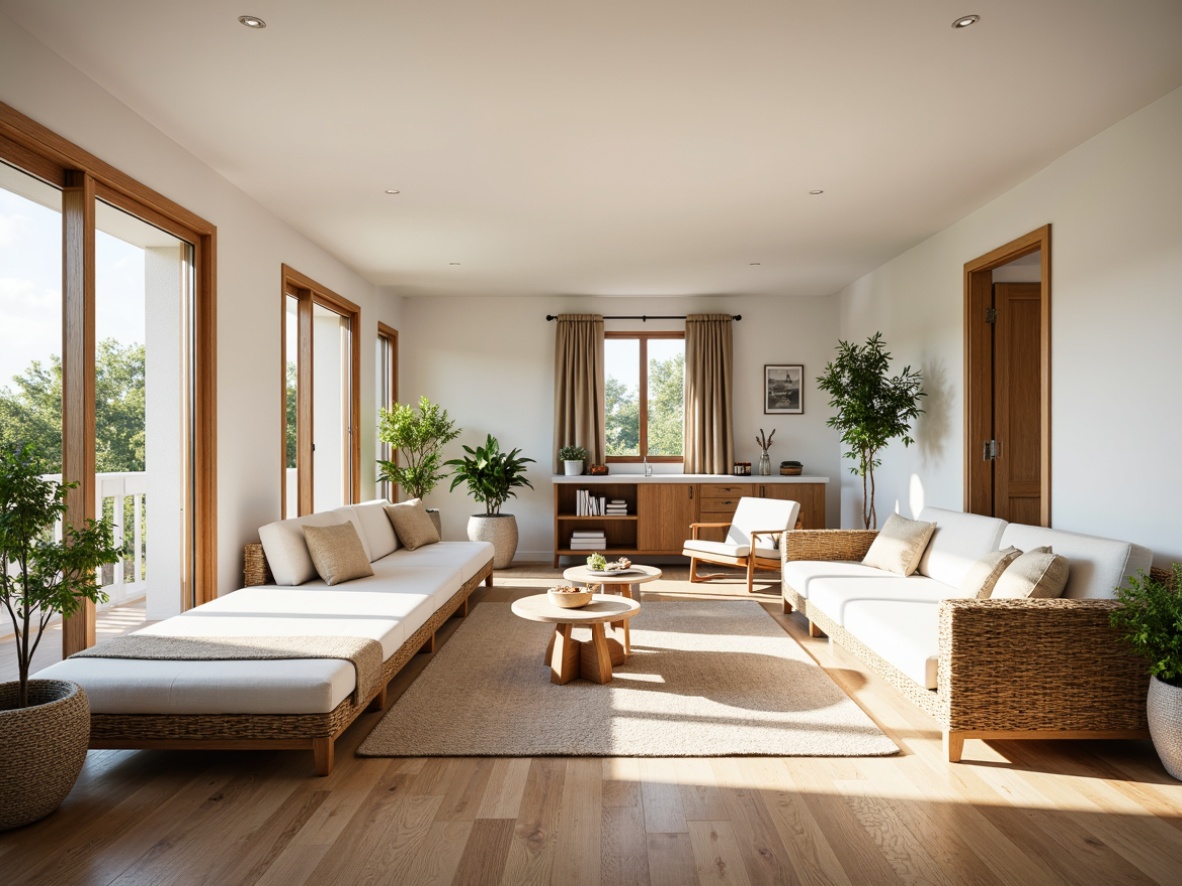 Prompt: Light-filled open plan living area, minimalist Scandinavian decor, natural wood accents, white walls, large windows, sliding glass doors, comfortable sectional sofas, woven textiles, greenery, potted plants, airy atmosphere, soft warm lighting, shallow depth of field, 3/4 composition, realistic textures, ambient occlusion.