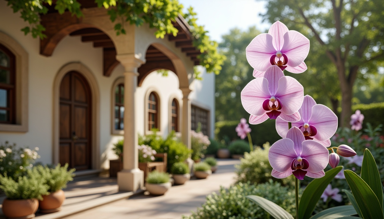 Prompt: Whimsical botanical garden, delicate orchid flowers, pastel pink petals, soft lavender hues, creamy whites, gentle peach tones, warm beige stonework, natural wood accents, intricate ironwork, lush green foliage, dappled sunlight, subtle shadows, shallow depth of field, 1/1 composition, soft focus, romantic ambiance, dreamy atmosphere.