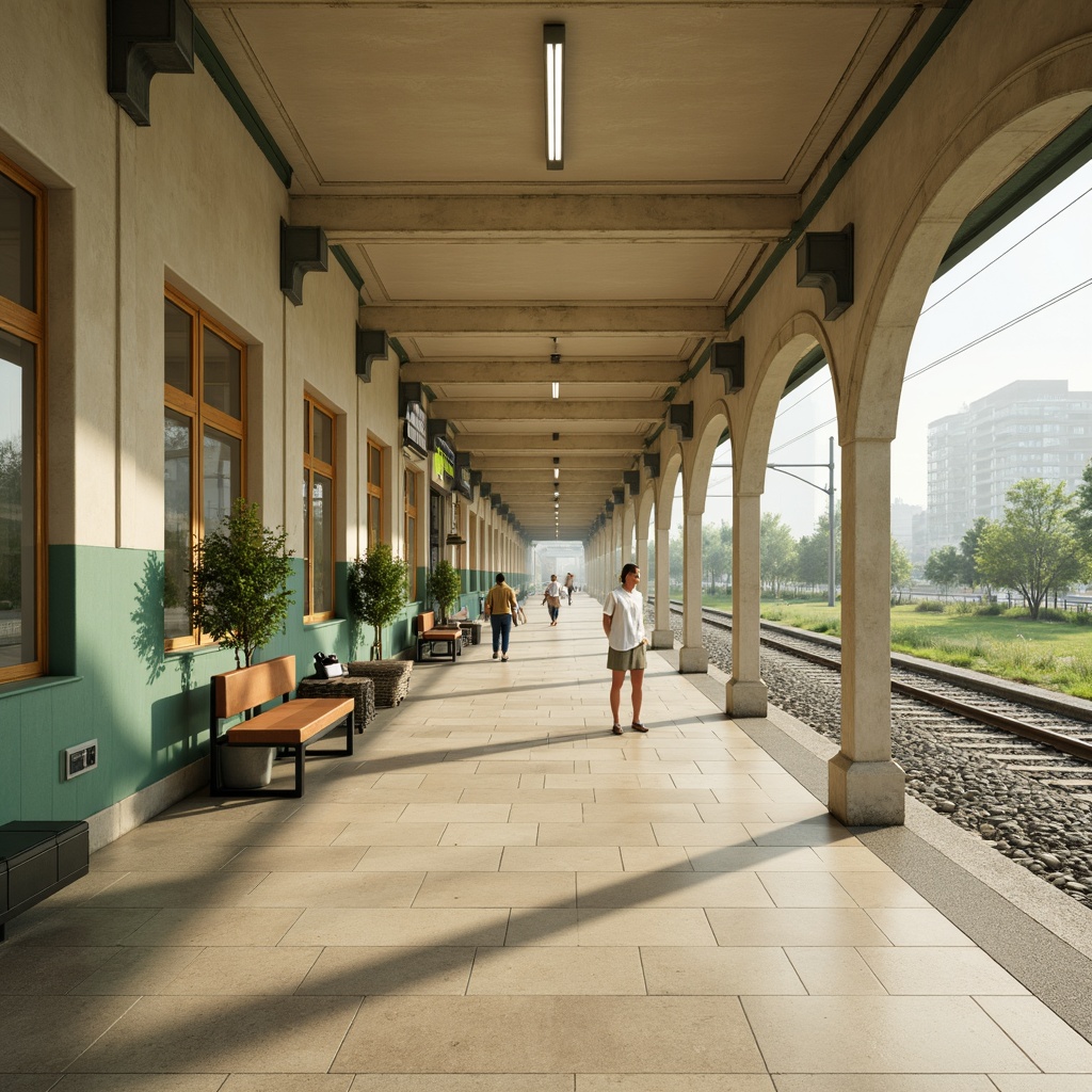 Prompt: Serene train station interior, calming celadon color palette, soft cream walls, warm beige flooring, elegant archways, sleek metal handrails, modern LED lighting, subtle texture patterns, natural stone accents, wooden benches, urban landscape views, gentle morning light, shallow depth of field, 1/2 composition, realistic reflections, ambient occlusion.