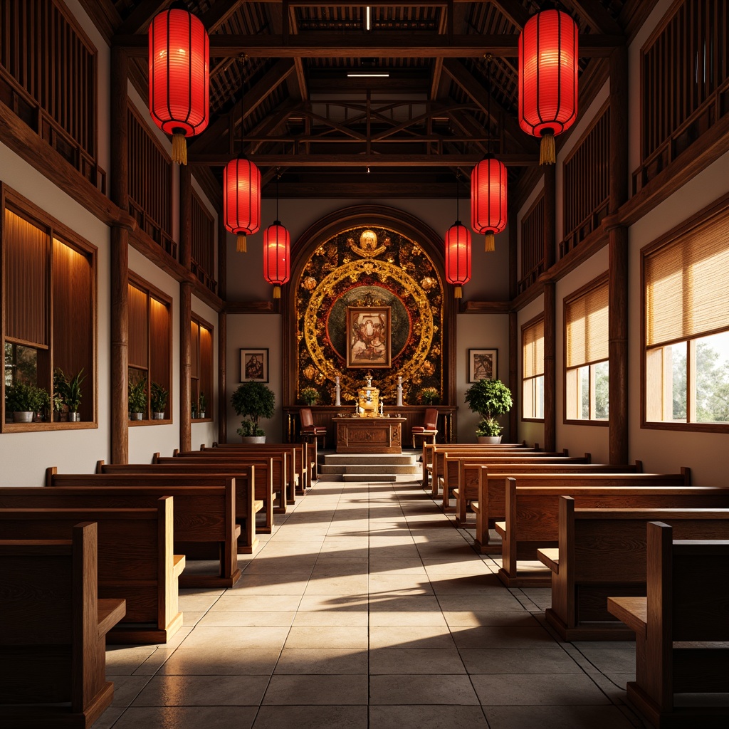 Prompt: Traditional Asian church interior, ornate wooden pews, intricately carved altarpieces, vibrant red lanterns, golden accents, natural stone flooring, serene ambiance, gentle warm lighting, shallow depth of field, 1/2 composition, realistic textures, ambient occlusion, soft cushions, elegant wooden chairs, subtle fragrance, peaceful atmosphere, harmonious balance, cultural heritage inspiration, minimalist ornamentation, sacred symbols, symbolic motifs, Asian-inspired patterns, delicate paper lanterns.