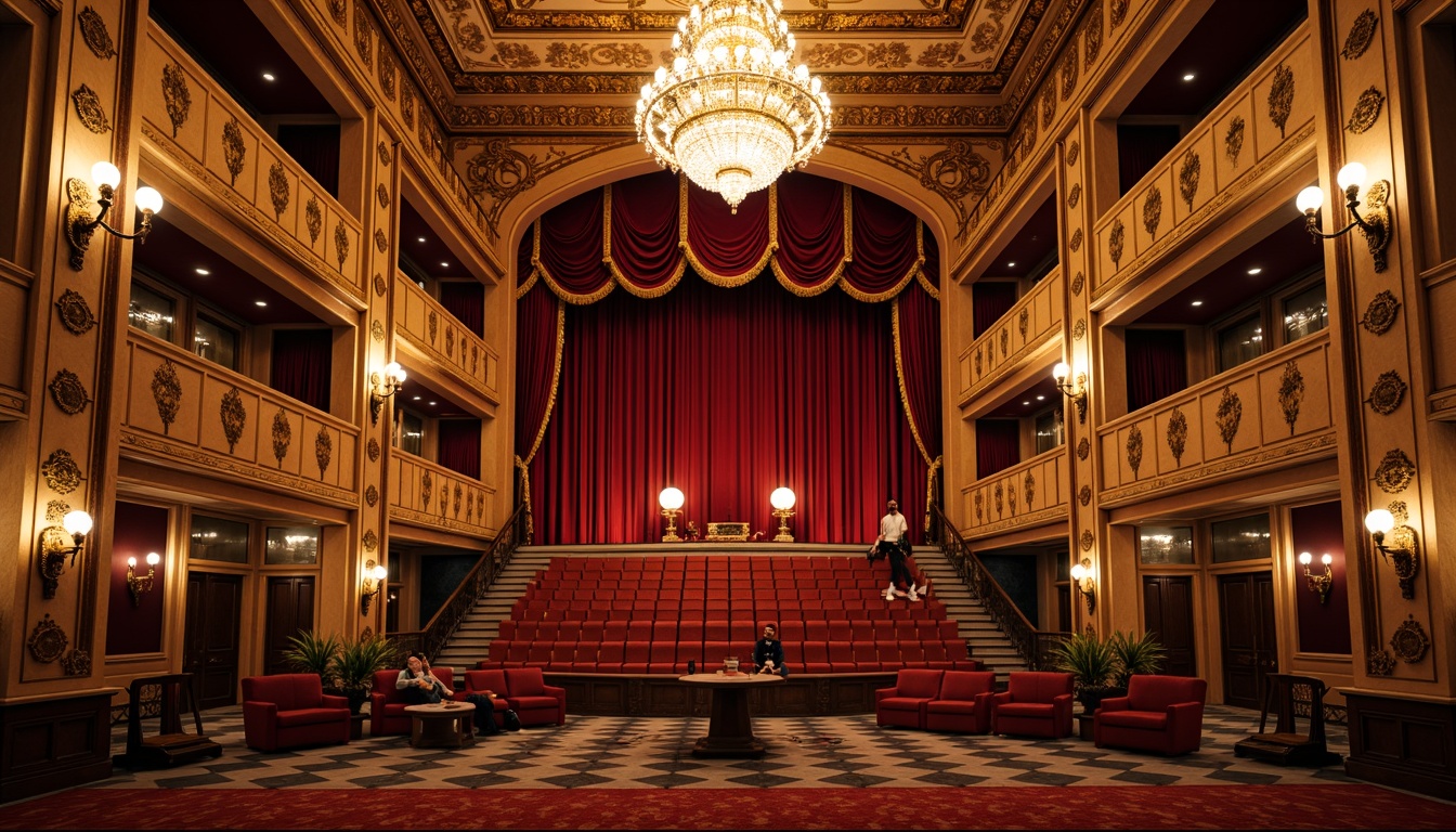 Prompt: Opulent theater interior, ornate moldings, golden accents, rich velvet curtains, grand chandeliers, neoclassical columns, intricate carvings, decorative friezes, luxurious upholstery, red carpeting, grand staircase, majestic balconies, crystal sconces, soft warm lighting, shallow depth of field, 1/1 composition, symmetrical framing, realistic textures, ambient occlusion.