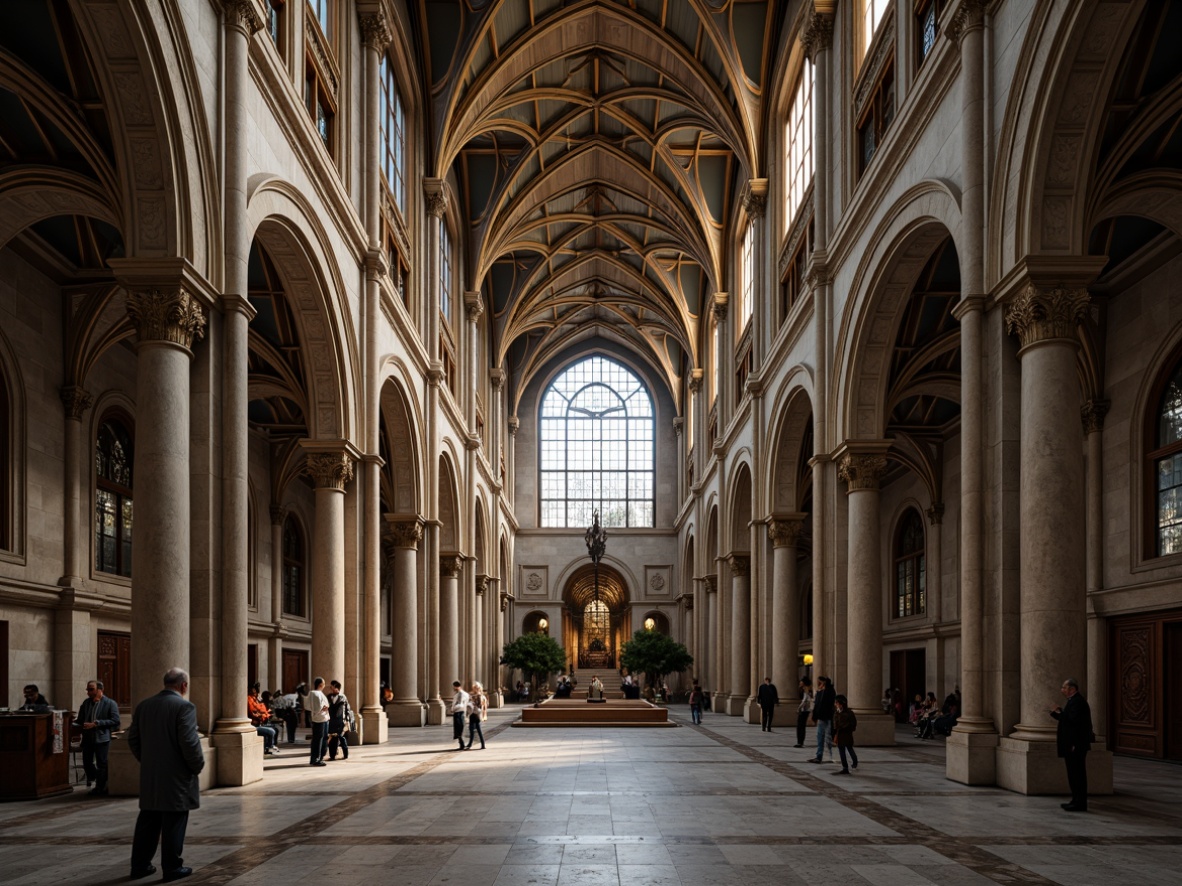 Prompt: Grand cathedral, majestic columns, ornate capitals, intricately carved marble, stained glass windows, vaulted ceilings, golden accents, solemn atmosphere, natural stone flooring, elegant arches, symmetrical facade, classical proportions, subtle lighting, dramatic shadows, 1/2 composition, low angle view, rich textures, atmospheric rendering.