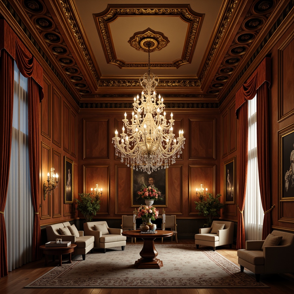 Prompt: Ornate chandeliers, intricate moldings, ornamental plasterwork, rich wood paneling, luxurious fabrics, velvet drapes, crystal drops, golden accents, soft warm lighting, shallow depth of field, 3/4 composition, realistic textures, ambient occlusion, high ceilings, decorative cornices, grand ballrooms, opulent furnishings, lavish decor, intricate patterns, subtle color palette, Victorian-era inspired design, classic architectural elements, sophisticated ambiance.