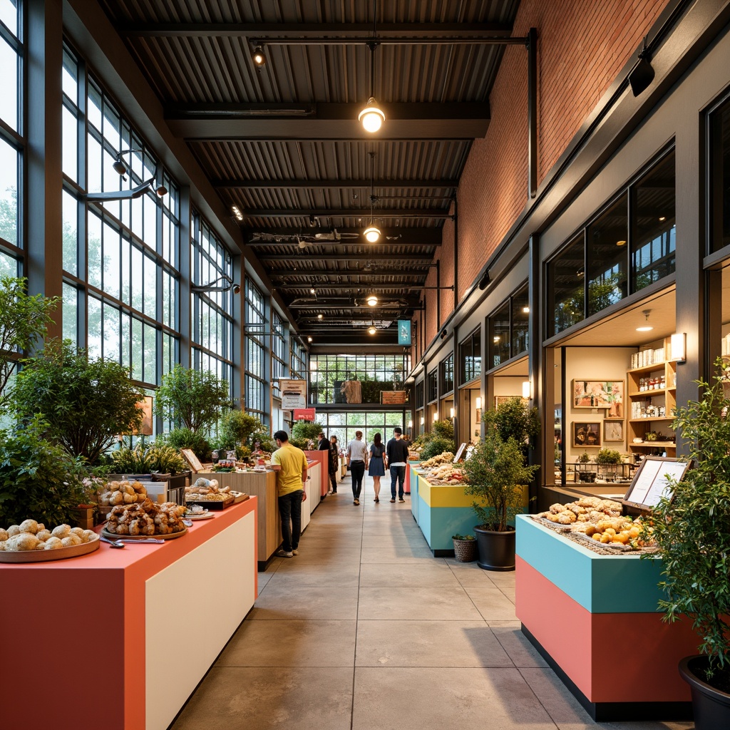 Prompt: Vibrant market scene, contemporary style, bold color palette, warm neutral tones, rich turquoise accents, deep coral hues, soft peach undertones, creamy whites, metallic gold finishes, sleek glass surfaces, industrial chic lighting, exposed brick walls, reclaimed wood textures, lush greenery, bustling atmosphere, shallow depth of field, 1/1 composition, realistic reflections, ambient occlusion.