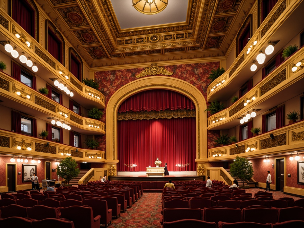 Prompt: Grand opera house interior, eclectic style, ornate chandeliers, red velvet curtains, golden balconies, intricate moldings, marble columns, lavish furnishings, rich upholstery, vibrant colorful tapestries, Baroque-inspired architecture, grand staircases, sweeping archways, crystal sconces, luxurious textiles, antique ornaments, dramatic lighting, warm golden tones, 3/4 composition, shallow depth of field, realistic reflections.