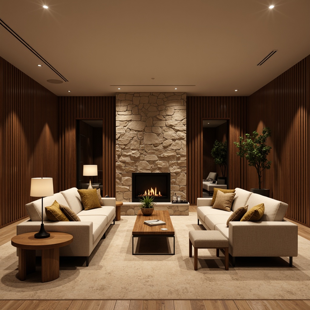 Prompt: Luxurious living room, plush sofas, velvet armchairs, wooden coffee tables, soft cushions, elegant floor lamps, warm beige carpeting, natural stone fireplace, modern minimalist decor, calm ambiance, cozy atmosphere, comfortable seating, stylish accent walls, rich wood tones, subtle lighting, 1/2 composition, shallow depth of field, realistic textures.