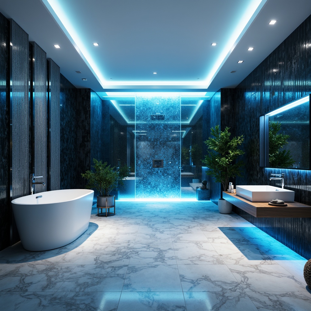 Prompt: Futuristic bathroom, sleek glass walls, minimalist chrome fixtures, ambient LED lighting, soft blue glow, floor-to-ceiling mirrors, polished marble floors, modern freestanding tubs, rainfall showerheads, geometric tile patterns, iridescent mosaics, shimmering metallic accents, warm color temperature, high-contrast lighting, 1/2 composition, dramatic shadows, realistic reflections, subtle animation.