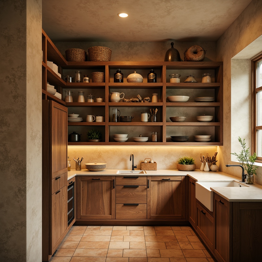 Prompt: Cozy pantry, warm beige walls, rustic wooden shelves, vintage metal bins, soft creamy countertops, earthy terracotta floor tiles, natural stone accents, woven baskets, ceramic jars, ambient warm lighting, shallow depth of field, 1/1 composition, realistic textures, subtle shadows.