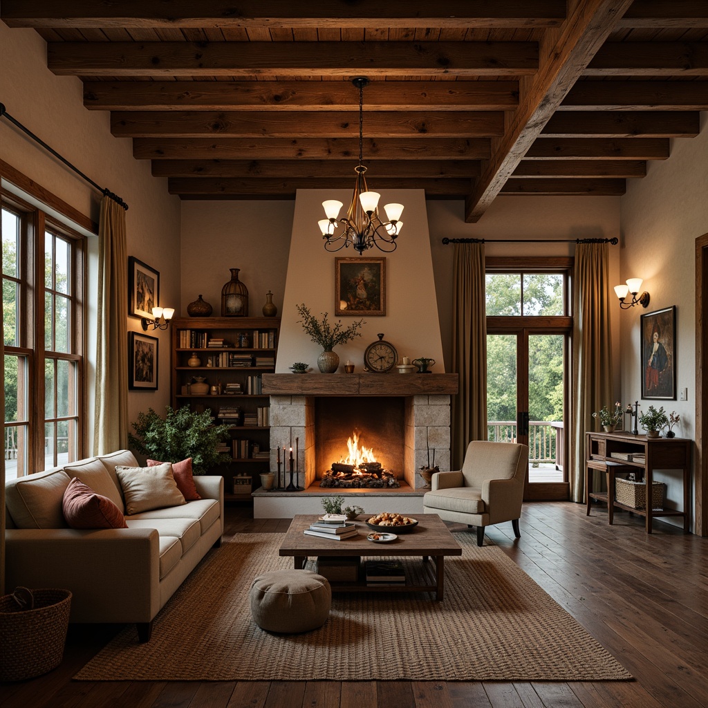 Prompt: Rustic farmhouse, warm candlelight, soft pendant lamps, vintage metal chandeliers, distressed wood accents, earthy color palette, natural textiles, woven baskets, cozy reading nooks, wooden beam ceilings, stone fireplaces, large windows, country-inspired decor, warm ambient glow, softbox lighting, 1/1 composition, realistic textures, subtle shading.