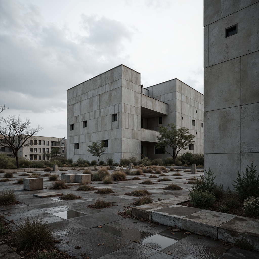 Prompt: Exposed concrete walls, brutalist architecture, institutional design, raw unfinished surfaces, industrial aesthetic, urban landscape, overcast sky, dramatic shadows, geometric forms, fortress-like structure, rugged stone foundations, metal beams, functional minimalism, cold monochromatic color scheme, harsh lighting, 1/1 composition, high contrast ratio, realistic materials, ambient occlusion.