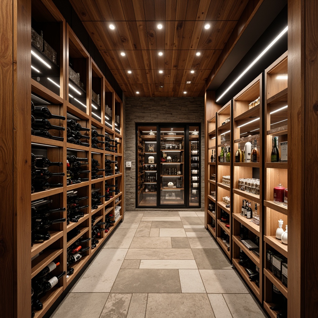 Prompt: Luxurious wine cellar, rich wood paneling, steel accents, dimmable LED lighting, stone flooring, rustic brick walls, modern minimalist shelving, glass-enclosed wine displays, climate-controlled storage, sleek metal doors, sophisticated hardware, earthy color palette, warm atmospheric ambiance, shallow depth of field, 2/3 composition, realistic textures, subtle reflections.