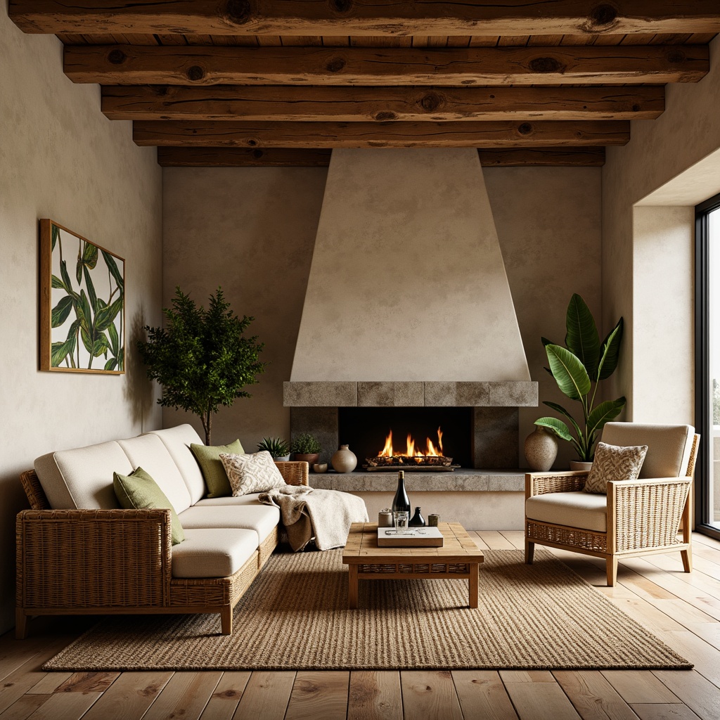 Prompt: Cozy living room, natural stone walls, reclaimed wood flooring, woven bamboo furniture, plush area rug, earthy color palette, organic shapes, botanical prints, rattan accents, linen upholstery, wooden ceiling beams, warm ambient lighting, soft shadows, 1/1 composition, intimate atmosphere, realistic textures, subtle reflections.