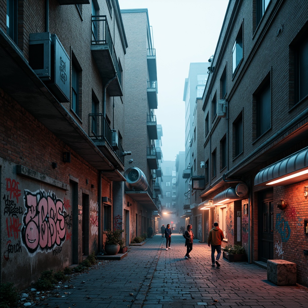 Prompt: Gritty urban landscape, distressed brick walls, graffiti-covered buildings, industrial pipes, exposed ductwork, abstract sculptures, fragmented shapes, bold color contrasts, neon lights, foggy atmosphere, dramatic shadows, low-key lighting, cinematic composition, 1/3 rule, shallow depth of field, gritty textures, atmospheric perspective.Let me know if you need any adjustments!