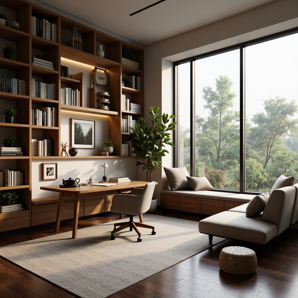 Prompt: Academic-style home office, wooden desk, ergonomic chair, bookshelves, organized storage, minimal decor, neutral color palette, natural light, large windows, cozy reading nook, comfortable seating area, soft warm lighting, shallow depth of field, 3/4 composition, realistic textures, ambient occlusion.