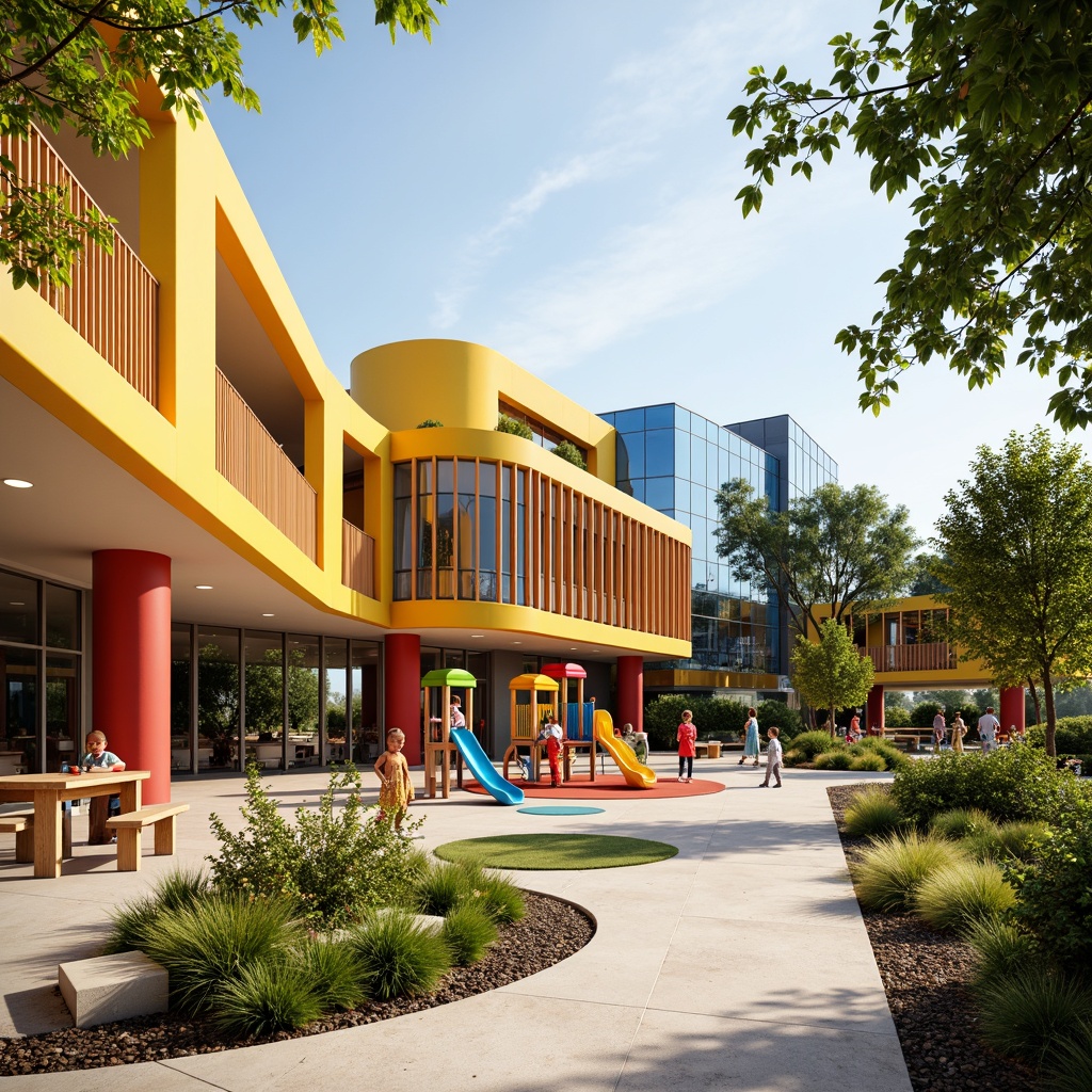 Prompt: Vibrant kindergarten playground, colorful outdoor furniture, lively flower beds, modern minimalist architecture, large windows, sliding glass doors, clerestory windows, skylights, reflective surfaces, bright interior color schemes, natural stone floors, wooden accents, curved lines, playful textures, soft warm lighting, shallow depth of field, 1/1 composition, panoramic view, realistic materials, ambient occlusion.