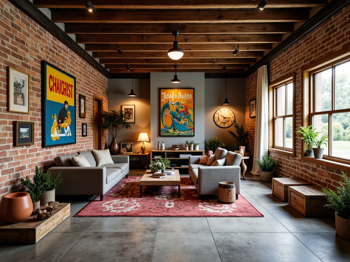 Prompt: Vibrant eclectic family garage, distressed wood accents, industrial metal tones, vintage signs, bold colorful artwork, eclectic furniture mix, plush area rugs, natural stone flooring, exposed brick walls, rustic wooden crates, woven baskets, cozy reading nooks, warm task lighting, shallow depth of field, 2/3 composition, panoramic view, realistic textures, ambient occlusion.