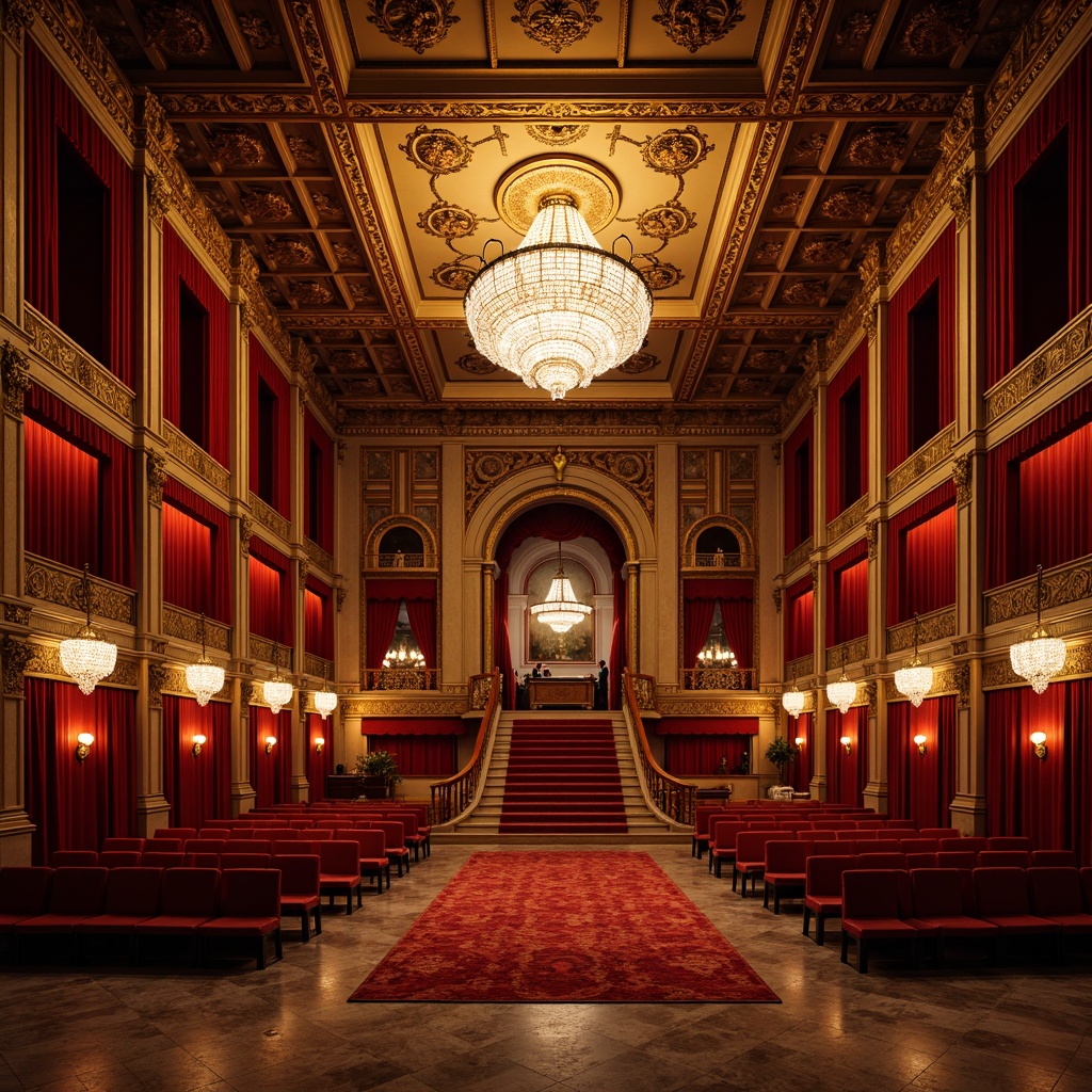 Prompt: Opulent auditorium interior, intricate molding, gilded accents, rich velvet curtains, ornate chandeliers, polished marble floors, grand staircase, luxurious seating areas, plush red carpeting, dramatic ceiling heights, majestic archways, golden leaf patterns, lavish drapery, sparkling crystal fixtures, warm atmospheric lighting, soft focus blur, 1/2 composition, symmetrical framing, high-contrast renderings, realistic fabric textures.