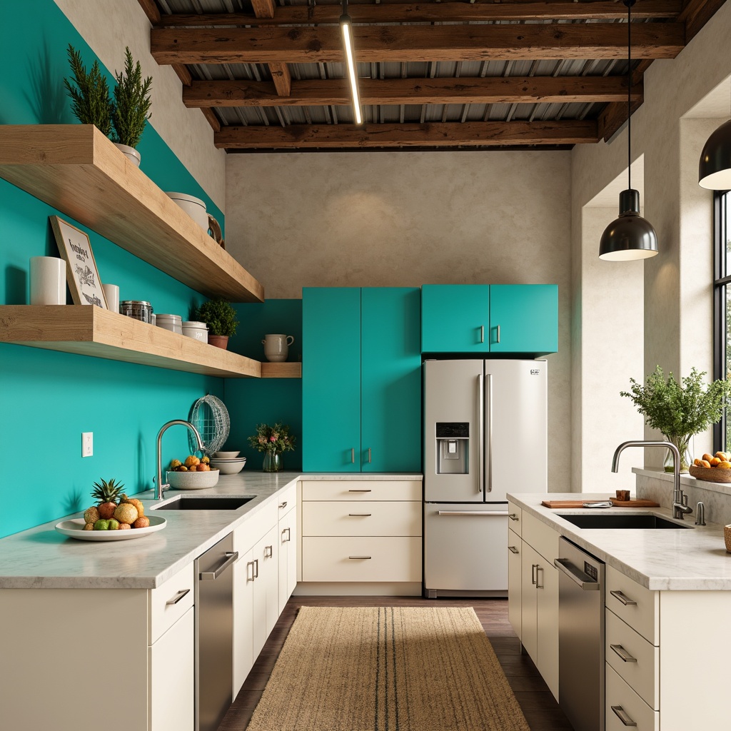 Prompt: Vibrant turquoise accents, sleek chrome fixtures, modern farmhouse sink, rustic wooden shelves, soft cream-colored cabinetry, elegant marble countertops, industrial-style metal beams, oversized pendant lighting, warm beige walls, plush area rugs, minimalist decor, natural light pouring in, shallow depth of field, 1/2 composition, realistic textures, ambient occlusion.