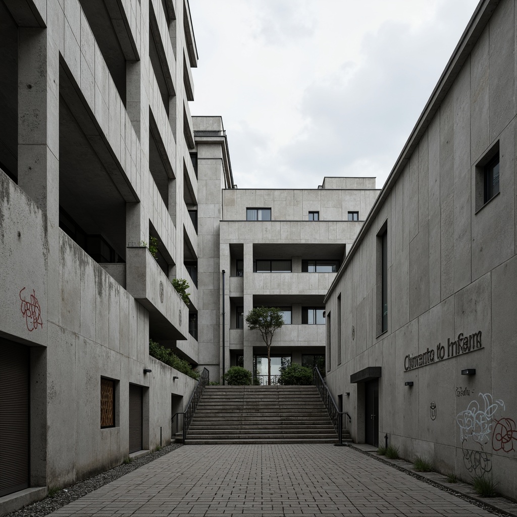 Prompt: Exposed concrete walls, raw brutalist architecture, institutional design, minimalist aesthetic, industrial materials, rough-textured surfaces, cold monochromatic color scheme, geometric shapes, functional simplicity, urban atmosphere, overcast sky, dramatic shadows, high-contrast lighting, bold architectural forms, monumental scale, rugged stone foundations, metallic accents, weathered concrete finishes, abstract graffiti, distressed textures, cinematic composition, 1-point perspective.