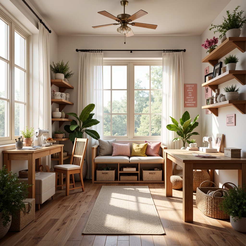 Prompt: Cozy craft room, warm wooden furniture, pastel color scheme, soft pink accents, creamy white walls, rich brown wood tones, natural textiles, woven baskets, vintage sewing machines, inspirational quotes, abundant natural light, large windows, sheer curtains, relaxed atmosphere, gentle warm lighting, 3/4 composition, realistic textures.