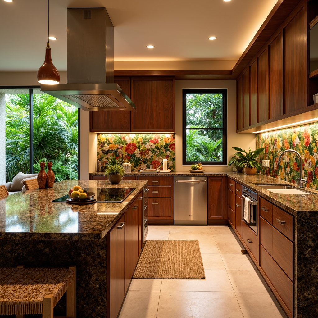 Prompt: Vibrant tropical kitchen, exotic wood cabinetry, polished granite countertops, rich brown marble island, colorful glass tile backsplash, stainless steel appliances, pendant lighting fixtures, natural woven fiber rug, lush greenery, bamboo accents, rattan furniture, warm beige walls, high-gloss finish, modern minimalist design, ample natural light, shallow depth of field, 1/2 composition, soft warm lighting.