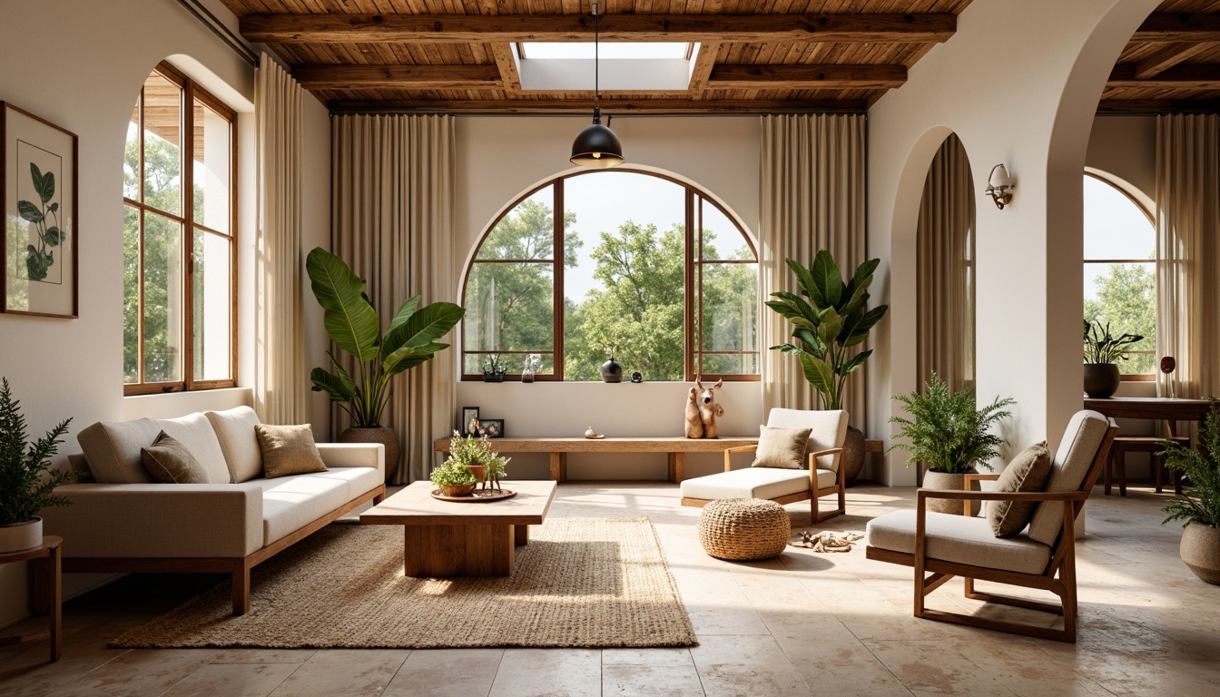 Prompt: Earth-toned living room, natural stone walls, reclaimed wood flooring, woven jute rugs, organic cotton upholstery, rattan furniture, potted plants, botanical prints, warm beige curtains, rustic wooden beams, skylights, soft diffused lighting, 1/1 composition, shallow depth of field, realistic textures, ambient occlusion.