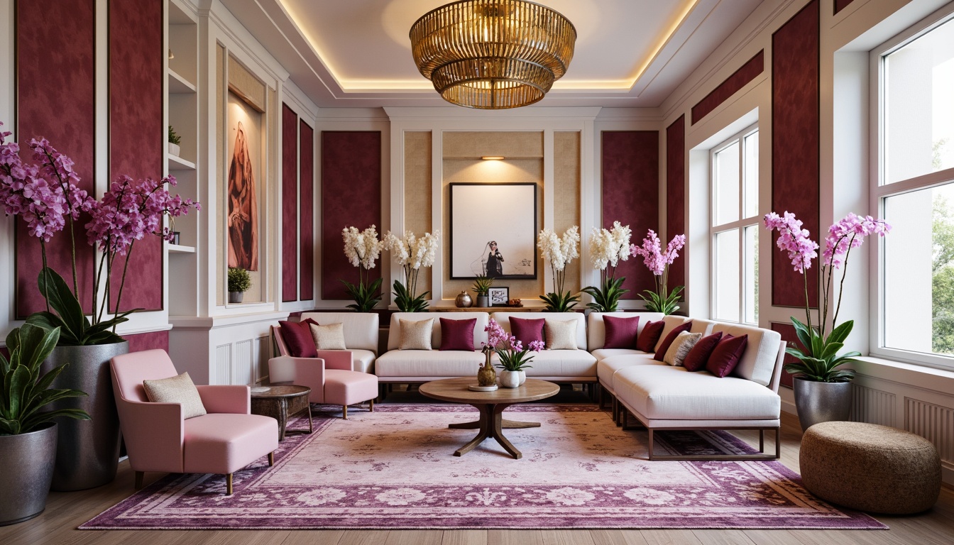 Prompt: \Luxurious orchid-inspired interior, soft blush hues, rich plum tones, velvety dark purple accents, creamy ivory whites, warm golden lighting, ornate metallic fixtures, intricately patterned rugs, lush greenery, delicate florals, refined modern furniture, subtle sheen fabrics, shallow depth of field, 1/1 composition, realistic textures, ambient occlusion.\