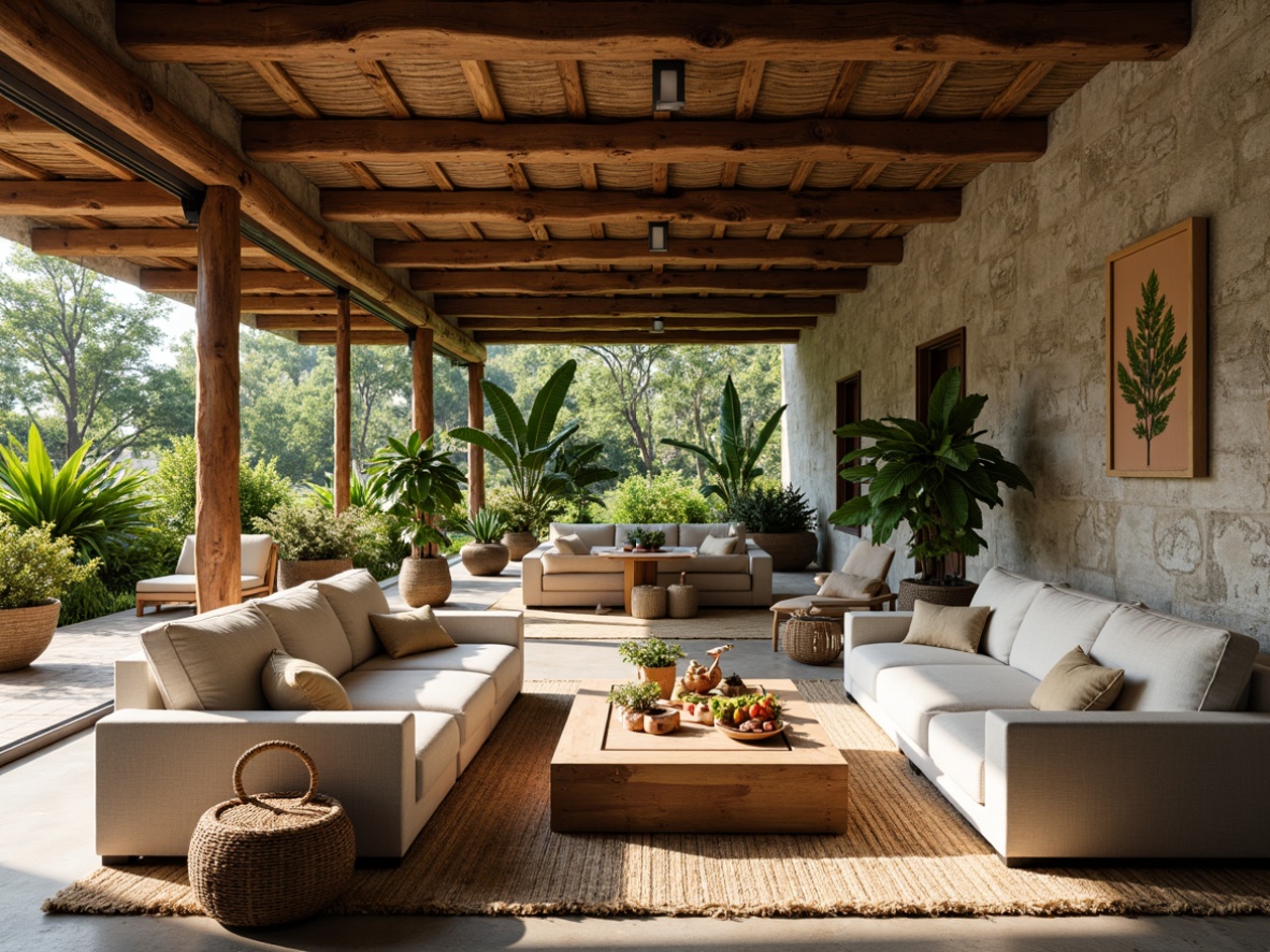 Prompt: Rustic wooden beams, natural stone walls, earthy tone color palette, lush greenery, vibrant exotic flowers, open-plan living area, high ceilings, large windows, sliding glass doors, comfortable linen sofas, woven rattan furniture, jute rugs, tropical plants, natural textiles, warm ambient lighting, soft focus, shallow depth of field, 3/4 composition, panoramic view, realistic wood textures, ambient occlusion.